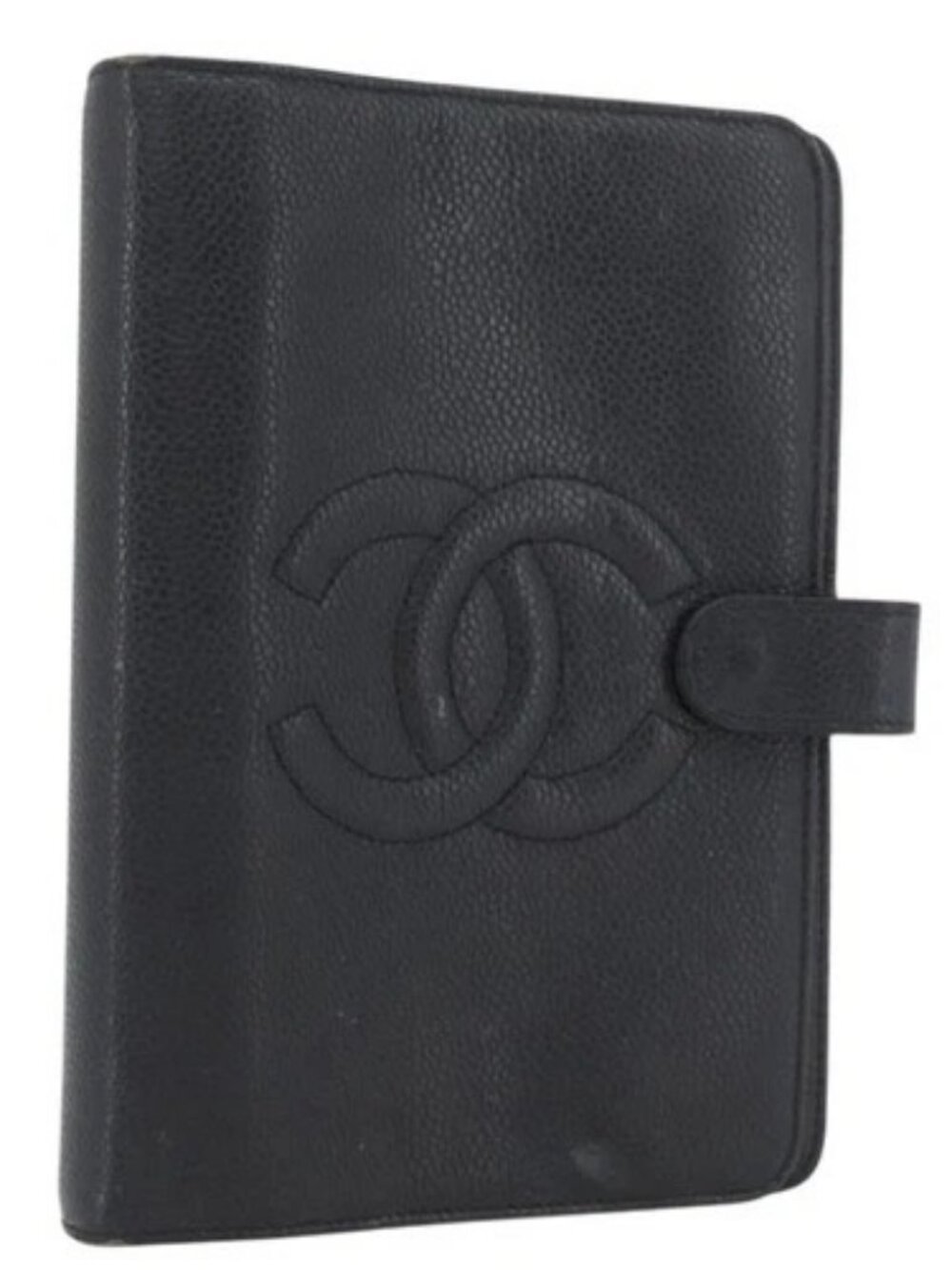 CHANEL Day Planner Cover Grained Calf Skin Black Gold CC Auth BA10875